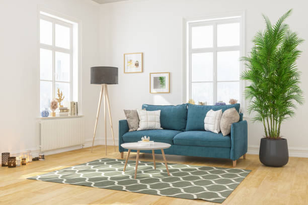 blue clean and attractive sofa on interior house
