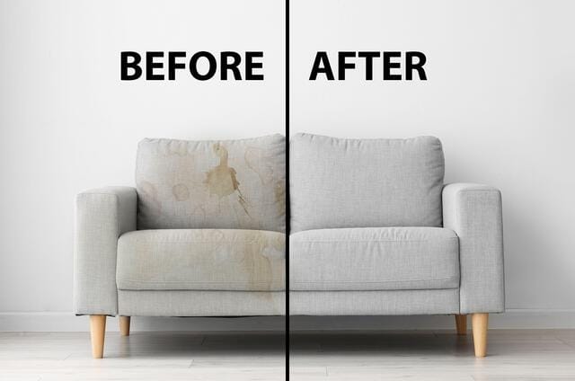 before and after lcleaning picture of dirty sofa.