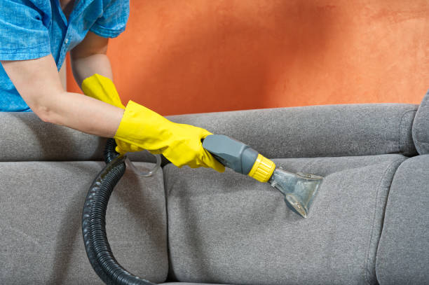 Vacuuming in grey sofa